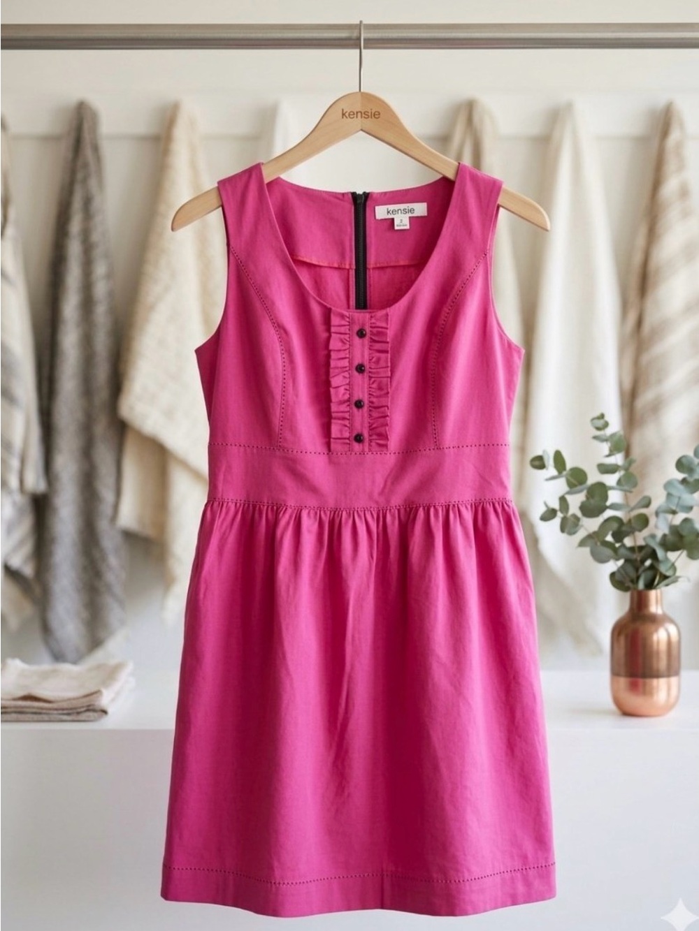 Kenzie Pretty Bright Fuscia Pink L Sleeveless Ruffle-Front Mini Dress back zip